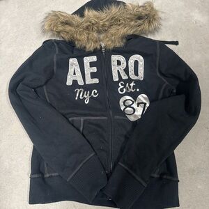 Aeropostale Black Jacket with Faux Fur Trim